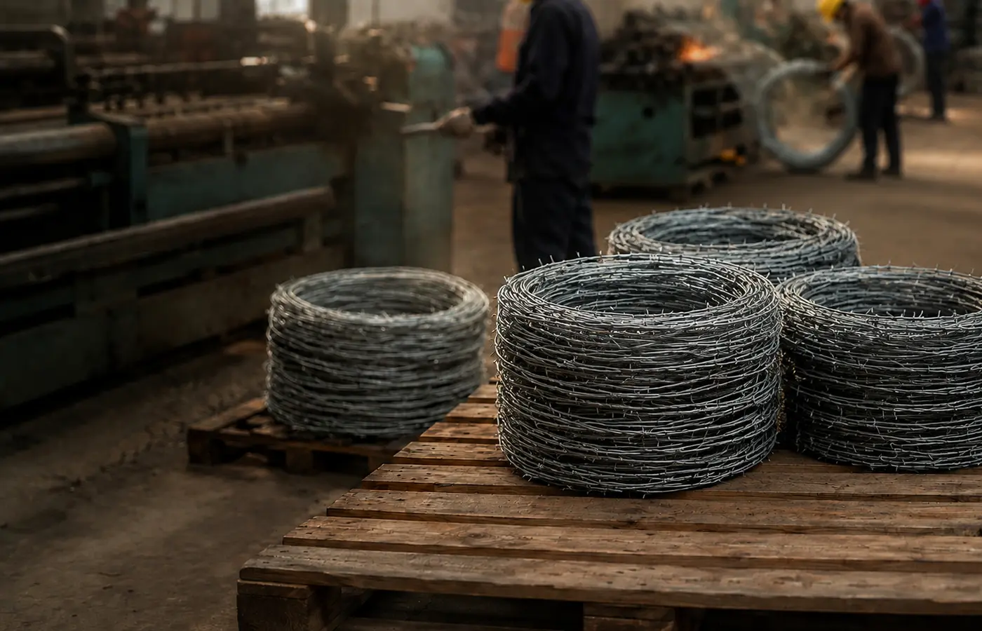 Production area with barbed wire coils ready for despatch