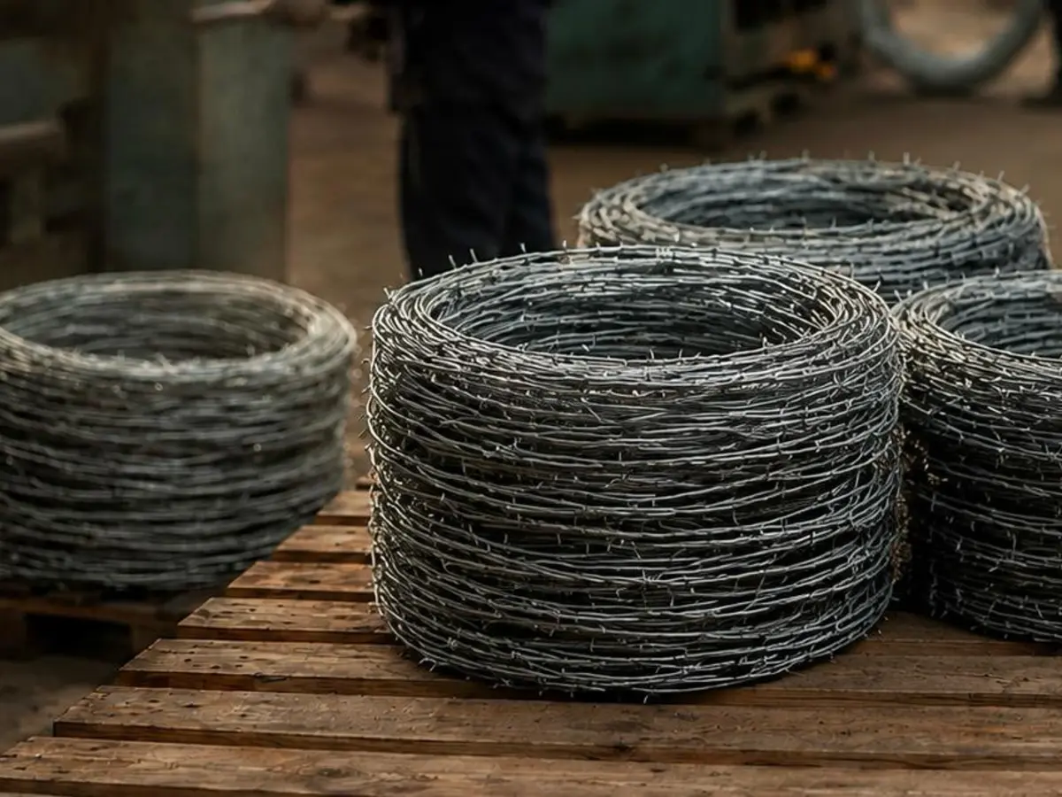 Finished barbed wire rolls stacked at the AK Industries works